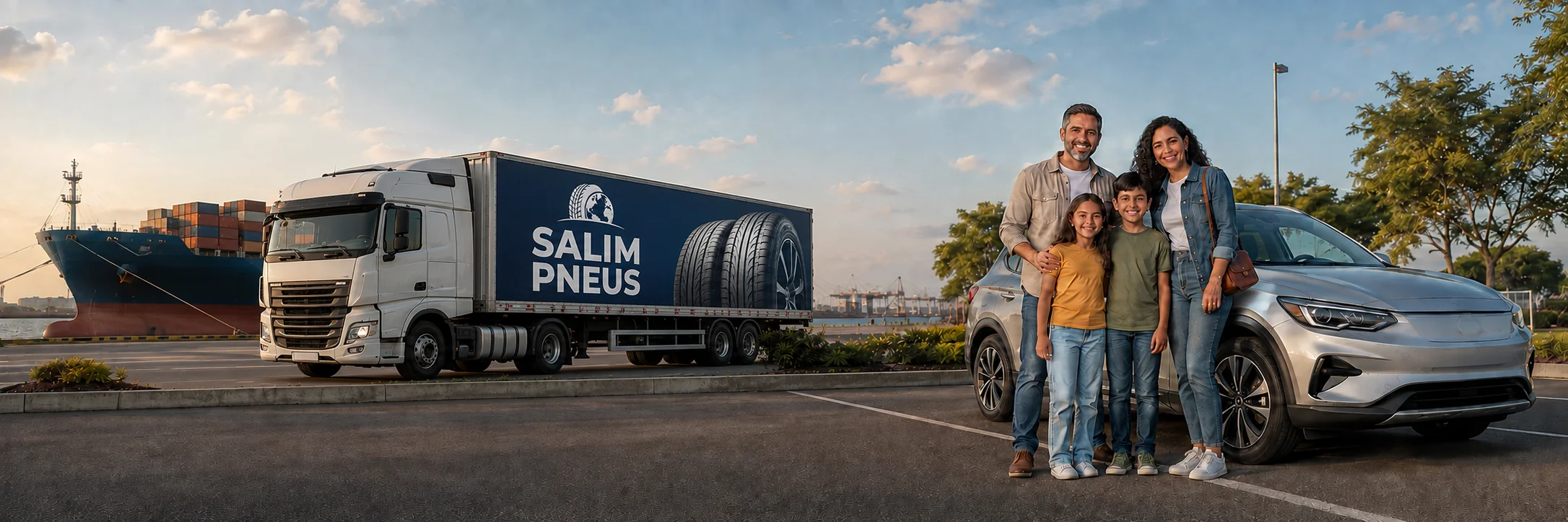 CaminhĂŁo Salim Pneus diante de um navio, com uma famĂlia feliz ao lado do carro